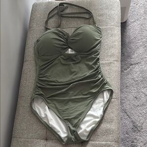 Like New LOFT Beach Shirred Twist Bandeau One Piece Swimsuit medium